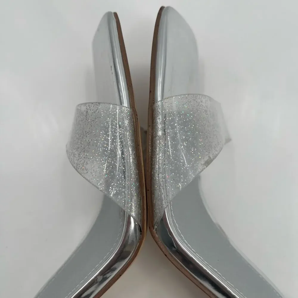MARC FISHER Heels Breta Size 9.5 Chrome Silver Clear Sparkle Prom Homecoming